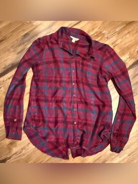 Lucky Brand Burgundy Plaid Button-Up Shirt with Teal Stripes